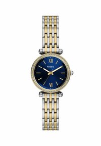Gouden en zilveren roestvrijstalen horloge met een blauwe wijzerplaat, kristallen accenten rond de lunette en Romeinse cijfers op 12 en 6 uur.