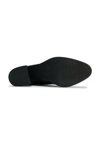 Black shoe sole with textured zigzag pattern, rubber material, and rounded shape. Features slight elevation at the heel for stability.