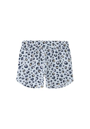 Hellblaue Shorts mit elastischem Bund und einem abstrakten Leopardenmuster in Marineblau, Beige und Rosatönen.