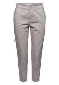 Pantalon gris clair fuselé avec bouton frontal, passants de ceinture, poches latérales et poche zippée sur la cuisse gauche, fermetures éclair aux chevilles.