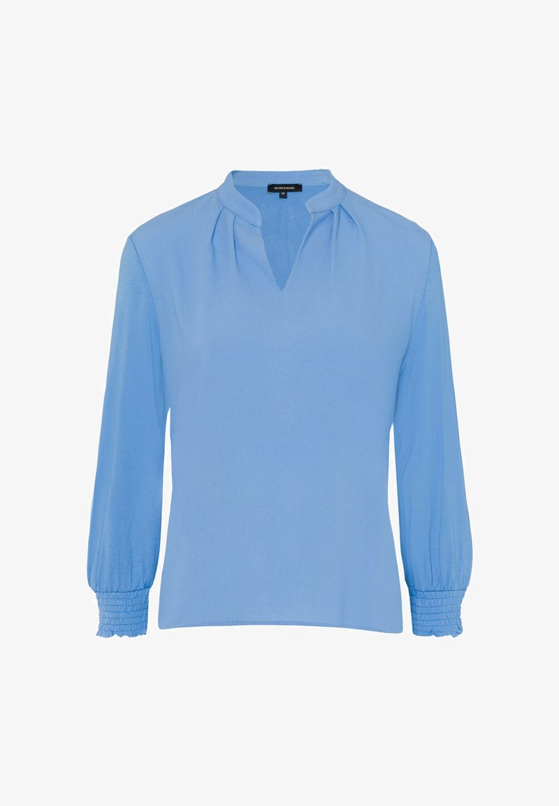 Blouse bleu clair à manches longues avec un petit col montant, une ouverture en V et des poignets à manches froncés élastiques.