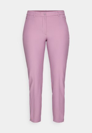 Pantaloni aderenti da donna in un delicato color viola pastello, con chiusura a bottone e zip, passanti per cintura e dettagli delle tasche laterali.