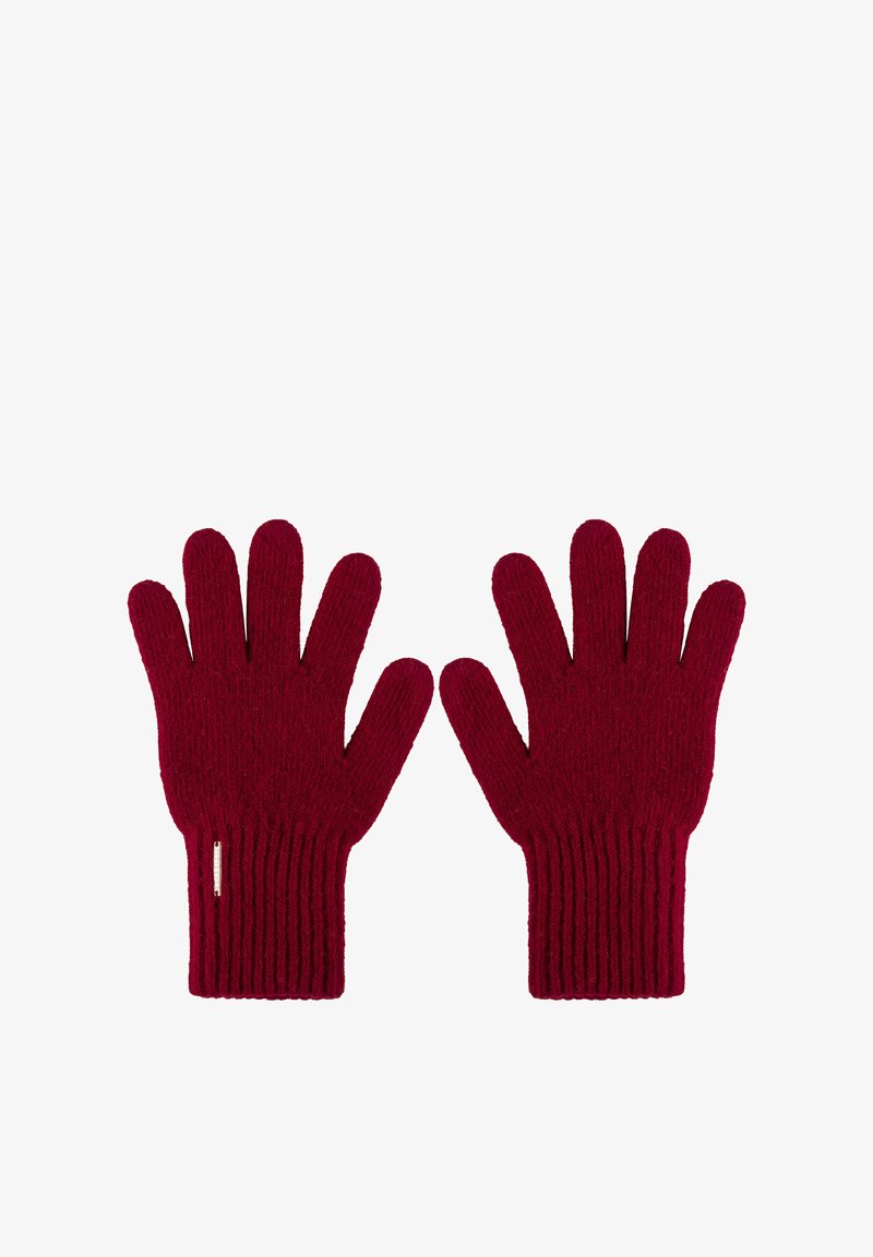 Röda stickade handskar med ribbat manschett. Funktioner inkluderar femfingerdesign och strukturerad väv. Inga synliga detaljer eller extra accenter.