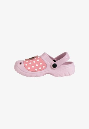 Light pink clog with adjustable heel strap, decorated with white polka dots on pink panel and black button details.