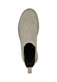 Helle beige Knöchelstiefel mit glatter Wildleder-Oberfläche, elastischen seitlichen Einsätzen, Zuglasche und rutschfester Gummisohle.