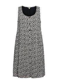 Robe noire sans manches avec imprimé floral blanc et boutons à l'avant, coupe ample et encolure dégagée.