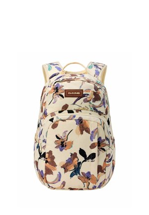 Mochila Dakine beige con estampado floral multicolor, bolsillo frontal con cremallera, correas acolchadas y asa superior.