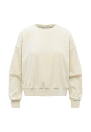 Crèmekleurige sweatshirt met lange mouwen, subtiele bloemenstructuur, geribbelde mouwen en zoom, en een ronde halslijn.