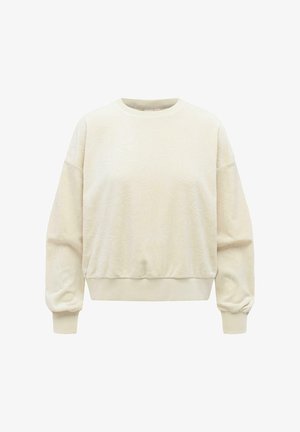 Kremowa bluza z długim rękawem o subtelnej kwiatowej fakturze, z prążkowanymi mankietami i dołem oraz okrągłym dekoltem.