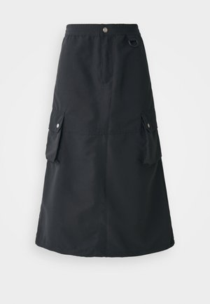 Black mid-calf skirt made of lightweight fabric, featuring an elastic waistband, two cargo pockets, and a subtle sheen.