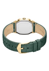Uhr mit grünem Krokodil-Muster-Lederarmband, Gehäuse aus vergoldetem Edelstahl, achteckigem Rückendeckel und silbernem Zifferblatt. Verschluss mit Schnalle enthalten.