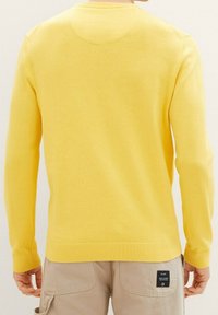 Gelber Strickpullover mit Rundhalsausschnitt, gerippten Bündchen und Saum sowie glatter Textur. Das Design zeichnet sich durch einen minimalistisch Stil ohne sichtbare Muster aus.