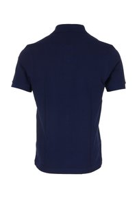 Polo-shirt bleu marine avec un col classique, des manches courtes et une texture unie. Pas de boutons ou de motifs visibles. Vue arrière présentée.