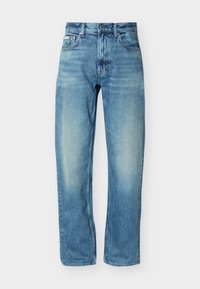 Blauwe rechte denim jeans met hoge taille, vooraan knoop- en ritssluiting en ontwerp met vijf zakken.