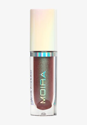Lip gloss tube with iridescent white cap, clear container, and shimmering deep rose-colored gloss inside, labeled "MOIRA."