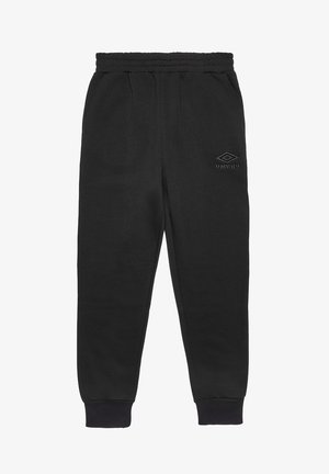 Černé tepláky vyrobené z jemné látky, vybavené elastickým pasem a manžetami. Na levém stehně je vyražené logo Umbro.