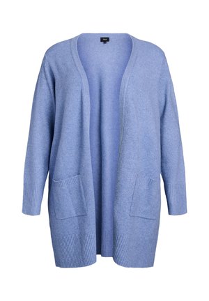 Light blue cardigan with a loose fit, long sleeves, and two front pockets. Made from soft fabric with ribbed accents at cuffs and hem.