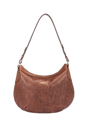 Sac à épaule en cuir marron avec un motif crocodile texturé, une forme courbée et un accent logo doré. Il dispose d'une seule bandoulière.