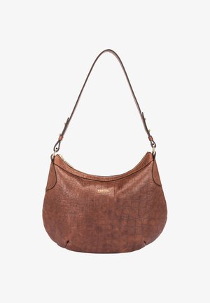 Brown leather shoulder bag with a textured crocodile pattern, a curved shape, and a gold logo accent. Features a single shoulder strap.