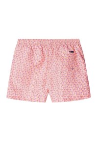 Costume da bagno con vita elastica, caratterizzato da uno sfondo rosa decorato con piccoli motivi ripetuti di palme in viola e verde.