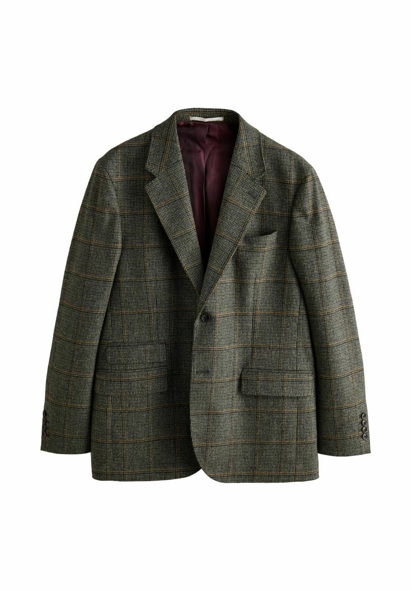 Brown and gray checked wool blazer with wide lapels, two front flap pockets, chest pocket, and maroon inner lining.