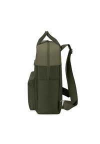 Zaino verde oliva realizzato in tessuto resistente, dotato di chiusura a zip, tracolla regolabile e tasca laterale per ulteriore spazio di archiviazione.