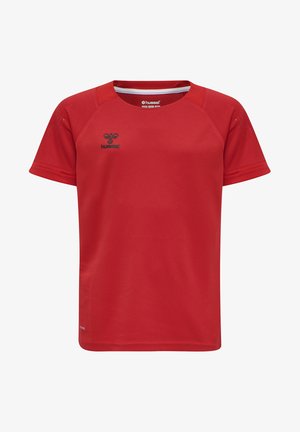 Czerwony sportowy t-shirt z krótkim rękawem i rękawami raglanowymi, z czarnym logo na lewej piersi oraz gładką, oddychającą fakturą materiału.