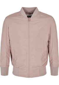 Light pink zip-up bomber jacket with ribbed collar, cuffs, and hem, featuring two side pockets and smooth fabric texture.