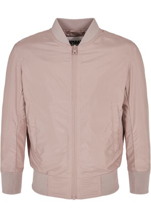 Veste bomber zippée rose clair avec col, poignets et ourlet côtelés, dotée de deux poches latérales et d'une texture de tissu lisse.