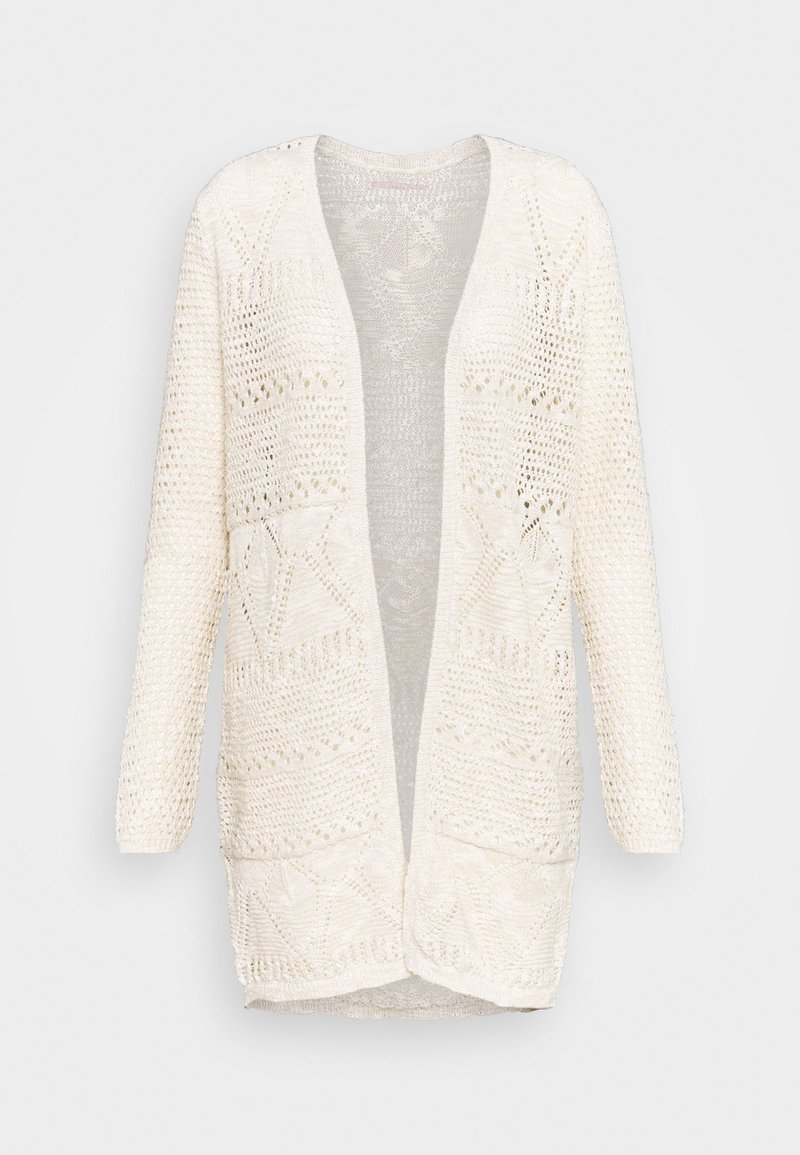 Cardigan en tricot crème à ouverture frontale, manches longues, avec un motif texturé ajouré et une coupe décontractée.
