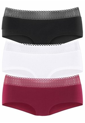 Three pairs of women's hipster briefs in black, white, and burgundy with lace trim at the waist. Features smooth fabric and a fitted design.