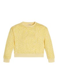 Felpa corta gialla con stampa leopardata strutturata, polsini a costine e scollatura rotonda con la scritta "Guess" ricamata sul davanti.