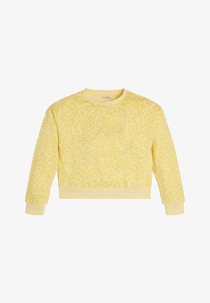 Gul cropped sweatshirt med tekstureret leopardprint, ribbede manchetter og en rund halsudskæring med "Guess" broderet på fronten.