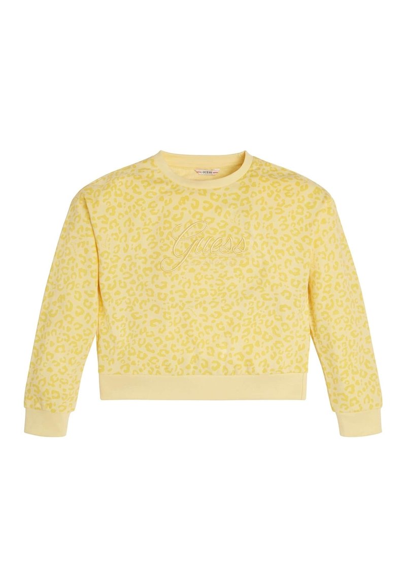 Felpa corta gialla con stampa leopardata strutturata, polsini a costine e scollatura rotonda con la scritta "Guess" ricamata sul davanti.