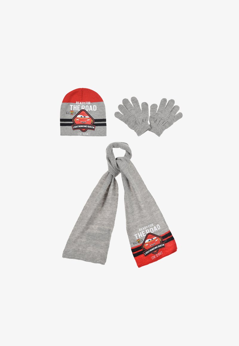 Gray knit hat with red accent, gray gloves, and matching scarf featuring “Lightning McQueen” graphic and striped details in red and black.