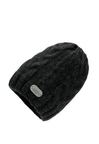 Schwarze gestrickte Mütze mit einem Zopfmuster, ausgestattet mit einem kleinen Metall-Logo-Patch. Weicher Stoff, runder Kopfbereich und eine enge Passform.