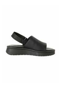 Μαύρα σανδάλια slingback με λείο δέρμα στο επάνω μέρος, ελαστικό λουράκι με υφή και παχιά, μαλακή σόλα για άνεση.