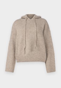 Felpa beige lavorata a maglia con vestibilità morbida, maniche lunghe e cordino al collo. Tessuto testurizzato e dettaglio a coste sull'orlo.