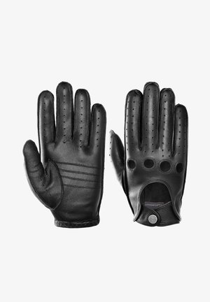 Gants en cuir noir avec des bouts de doigts perforés, trois coutures horizontales au dos, et une découpe circulaire avec un détail de bouton argenté.