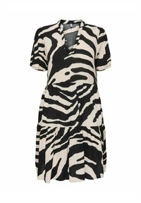 Robe noir et crème imprimée zèbre avec un décolleté en V, des manches courtes bouffantes et une jupe à volants. Fabriquée en tissu léger, elle présente une coupe décontractée.