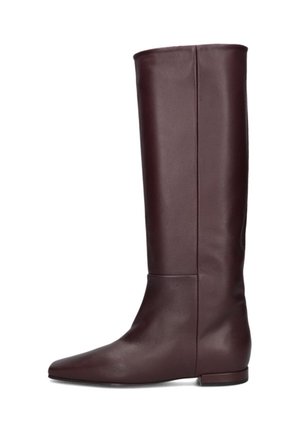 Burgundy leather knee-high boots with a pointed toe and low heel, featuring a smooth texture and minimalistic design, no visible accents.