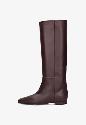 Burgundy leather knee-high boots with a pointed toe and low heel, featuring a smooth texture and minimalistic design, no visible accents.