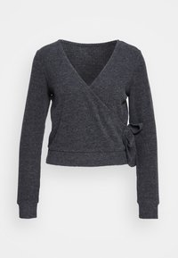 Szara, długosleeve owijana bluzka z dekoltem w kształcie litery V, z prążkowaną teksturą i bocznym wiązaniem w pasie. Miękka tkanina.