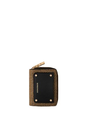 Small zipped wallet with brown textured fabric and black leather patch secured by gold-tone studs, featuring "BORBONESE" branding in gold letters.