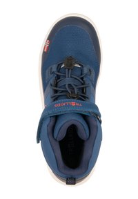 Blue hiking shoe with textured fabric upper, rubber sole, and adjustable fastening. Features a small Norwegian flag and logo on the strap.
