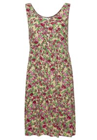 Vestido floral con escote redondeado, diseño sin mangas y detalle de botones. Confeccionado en una tela ligera en tonos de rosa, verde y amarillo.
