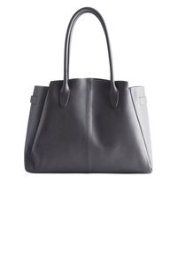 Dark gray leather tote bag with two sturdy handles, a zip closure, and a structured shape. Smooth texture with minimalistic design details.