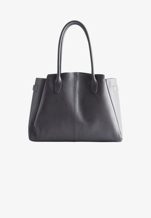 Dark gray leather tote bag with two sturdy handles, a zip closure, and a structured shape. Smooth texture with minimalistic design details.