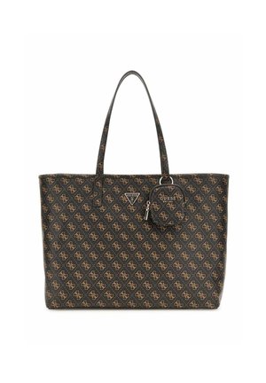 Sac fourre-tout noir avec un motif de logo marron, doubles poignées, une plaque logo et une petite pochette détachable attachée.