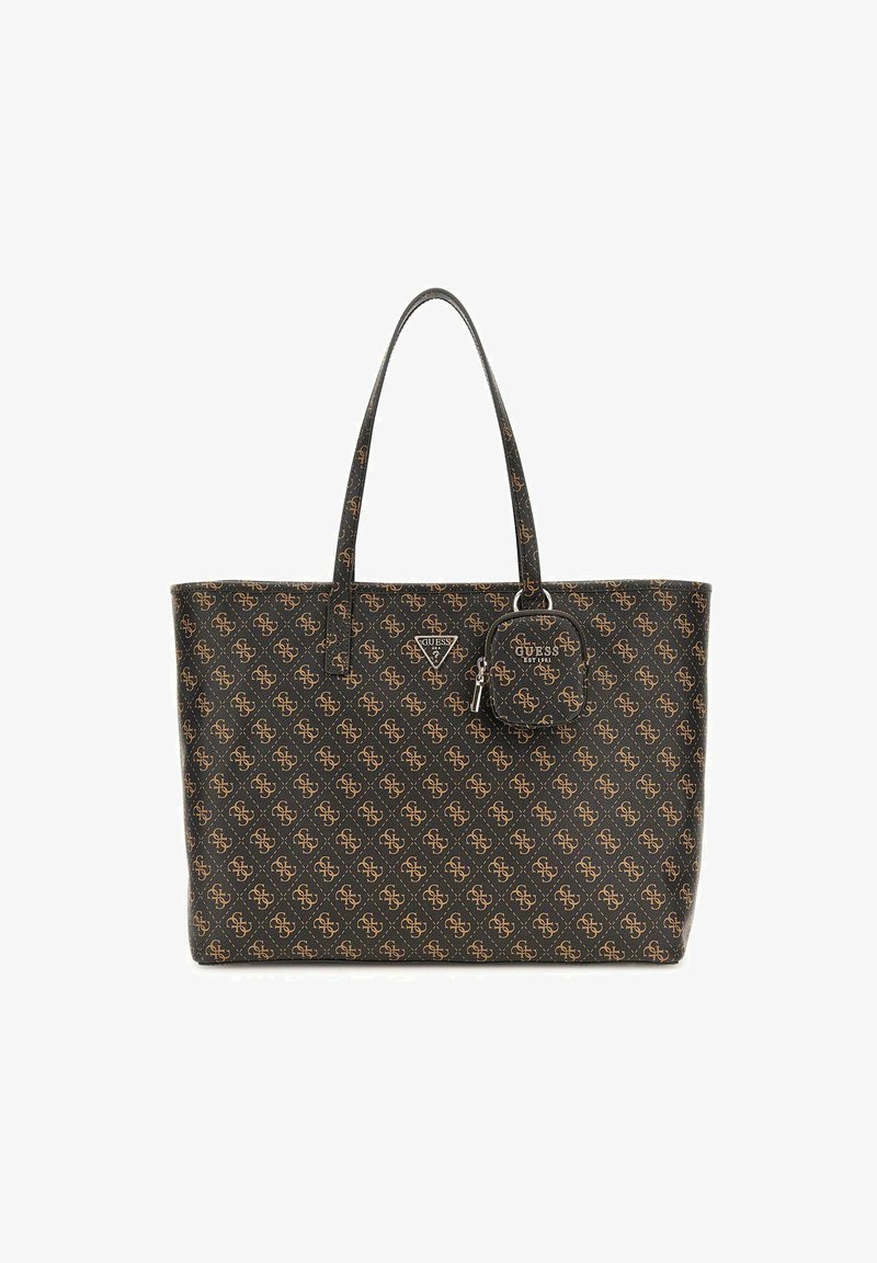 Sac fourre-tout noir avec un motif de logo marron, doubles poignées, une plaque logo et une petite pochette détachable attachée.